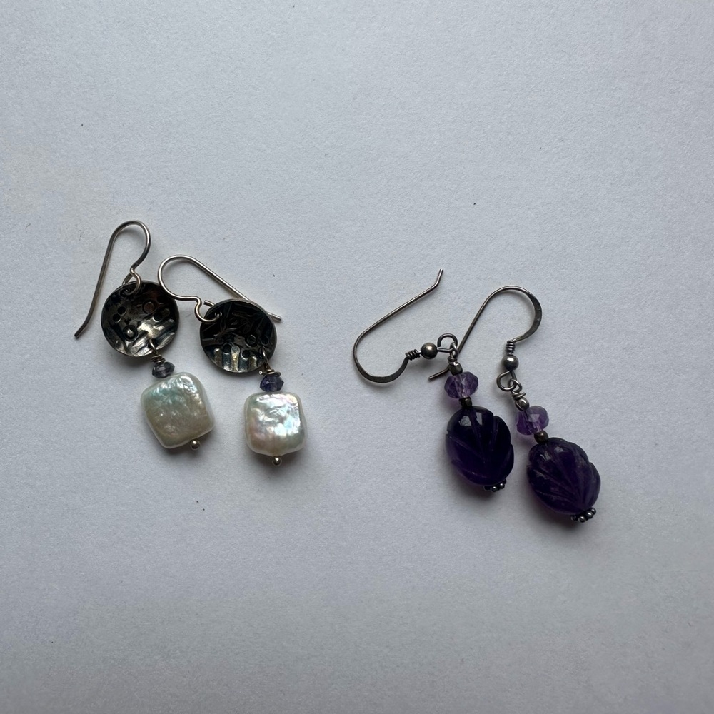 Carved Purple Stone & MOP Sterling Silver Earrings Bundle